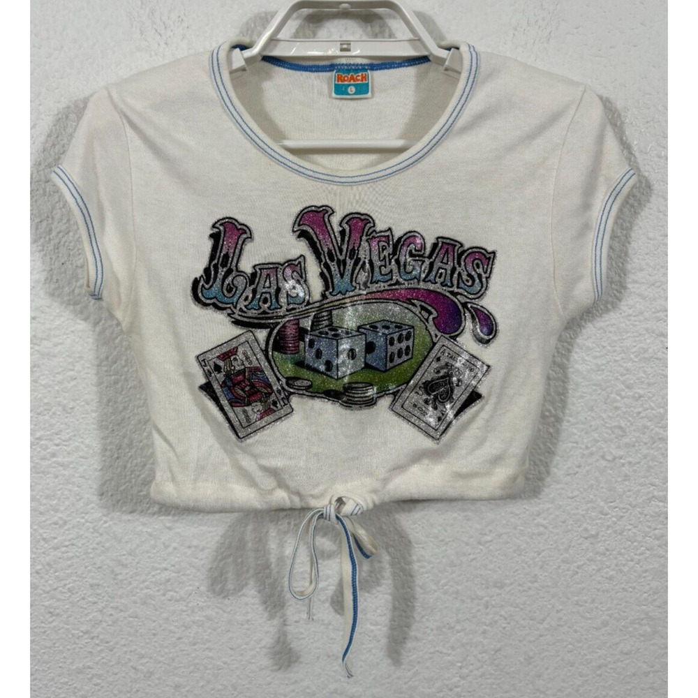 Vintage Las Vegas Top XXS Glitter Emblem Short Sleeve Cropped